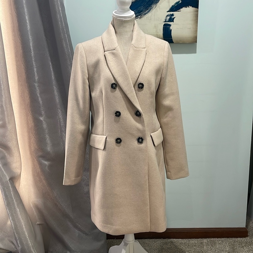 Mango wool blend double breasted cream coat. Large